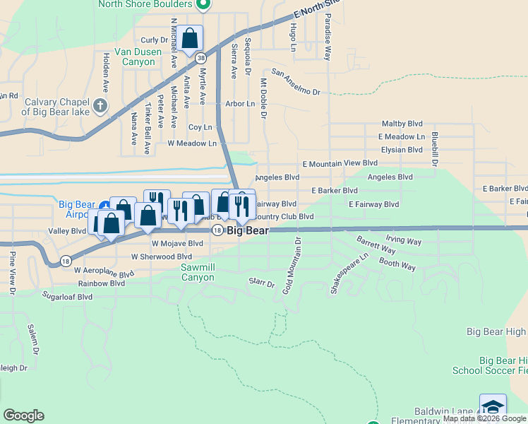 map of restaurants, bars, coffee shops, grocery stores, and more near 139 East Big Bear Boulevard in Big Bear