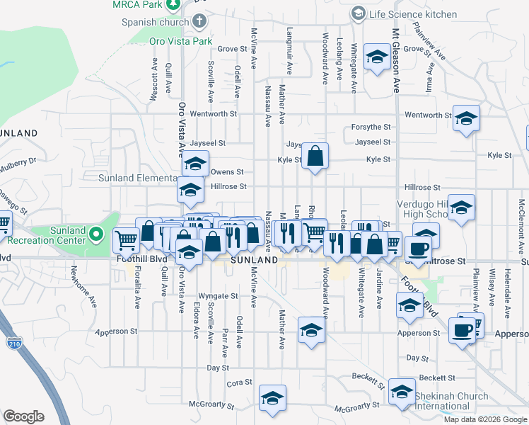 map of restaurants, bars, coffee shops, grocery stores, and more near 10619 Nassau Avenue in Los Angeles