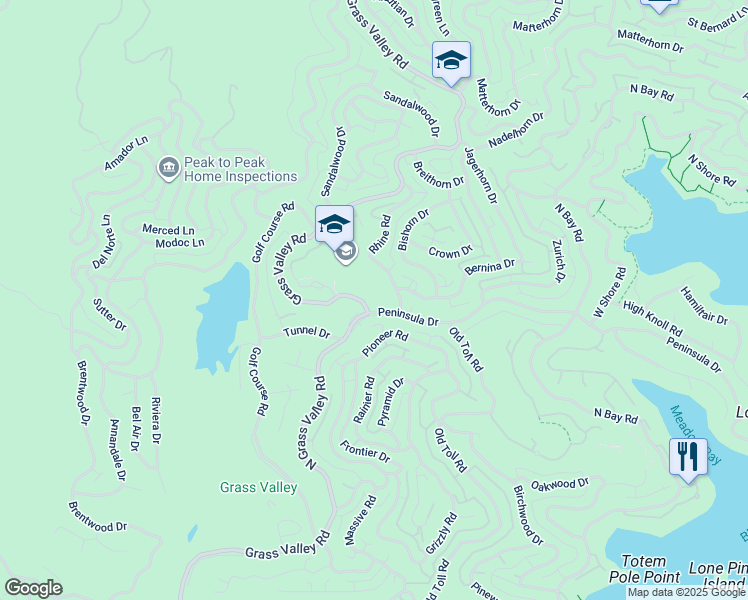 map of restaurants, bars, coffee shops, grocery stores, and more near 635 Grass Valley Road in Lake Arrowhead