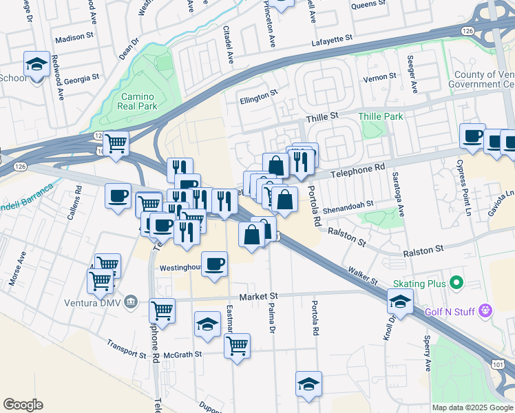 map of restaurants, bars, coffee shops, grocery stores, and more near 4830 Telephone Road in Ventura