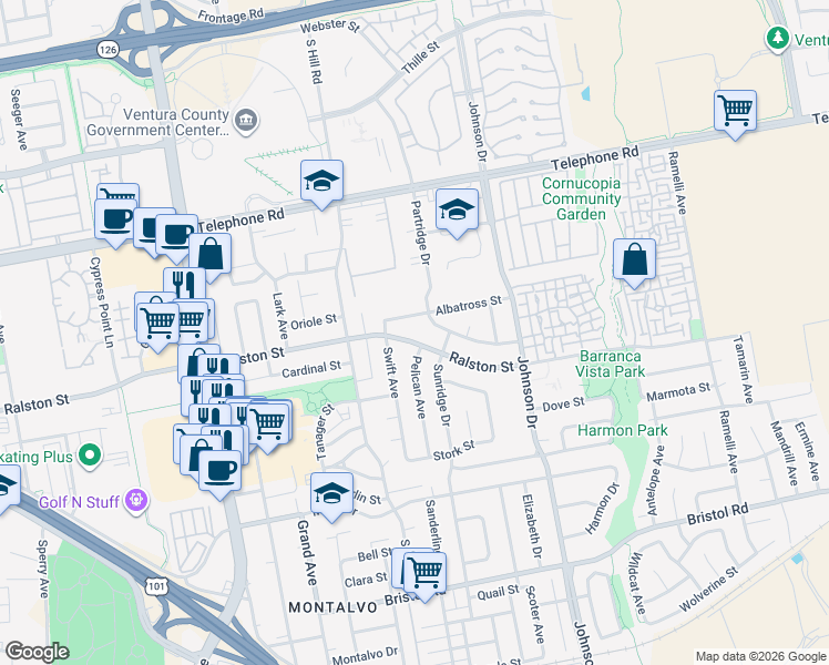 map of restaurants, bars, coffee shops, grocery stores, and more near 6454 Ralston Street in Ventura