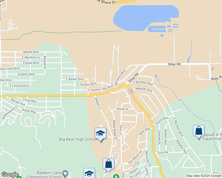 map of restaurants, bars, coffee shops, grocery stores, and more near 1128 East Country Club Boulevard in Big Bear
