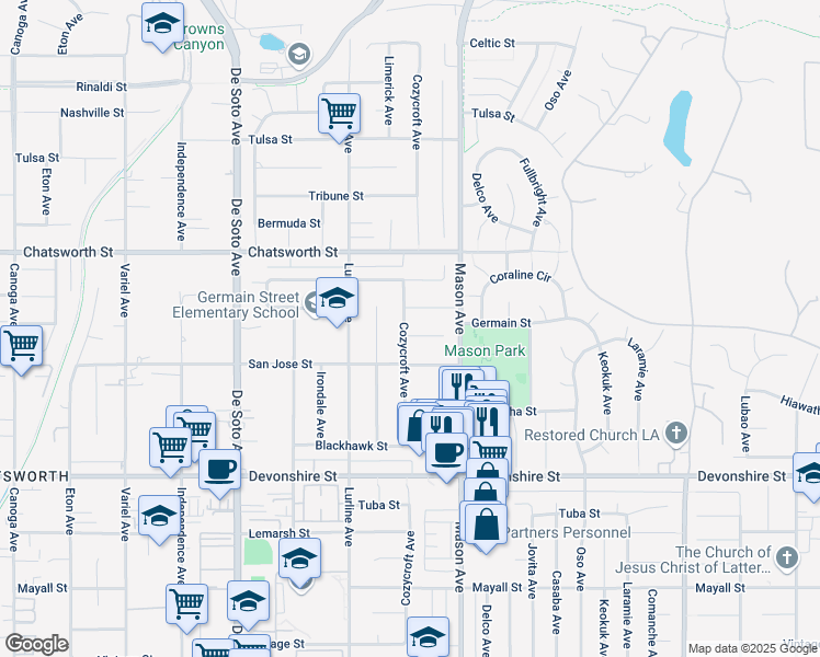 map of restaurants, bars, coffee shops, grocery stores, and more near 10515 Cozycroft Avenue in Los Angeles