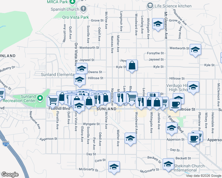 map of restaurants, bars, coffee shops, grocery stores, and more near 10619 Nassau Avenue in Los Angeles