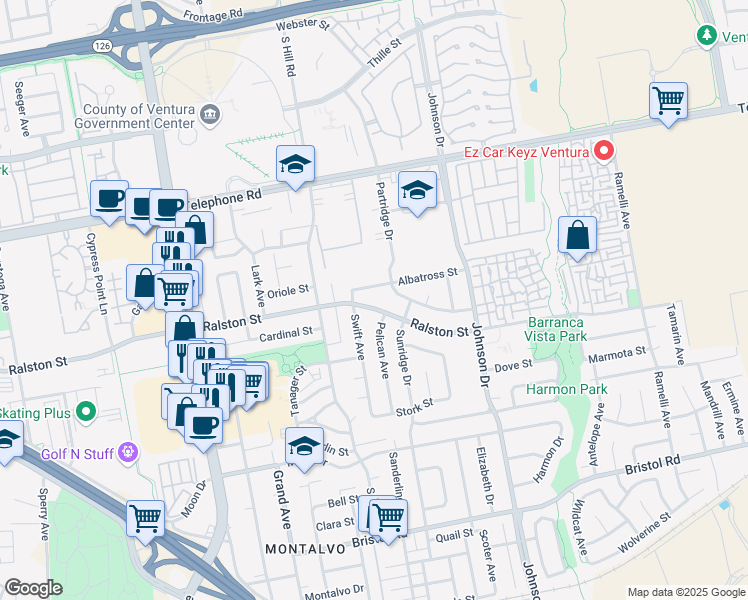 map of restaurants, bars, coffee shops, grocery stores, and more near 6433 Ralston Street in Ventura
