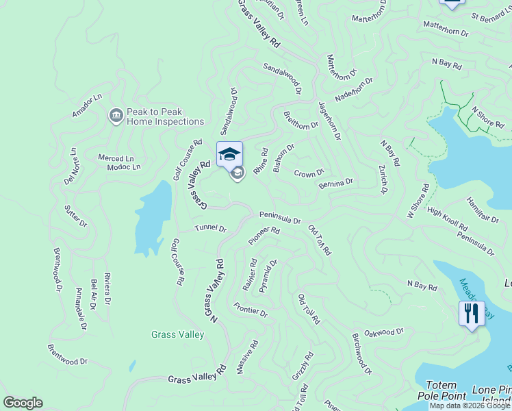 map of restaurants, bars, coffee shops, grocery stores, and more near 27143 Peninsula Drive in Lake Arrowhead