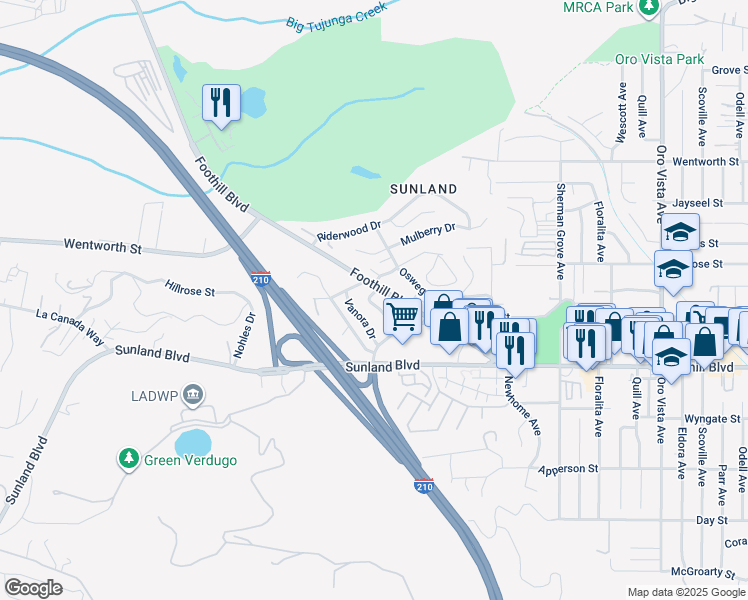 map of restaurants, bars, coffee shops, grocery stores, and more near 10648 Franlie Drive in Los Angeles