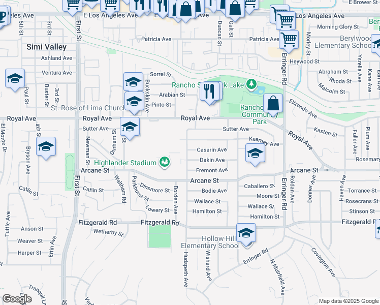 map of restaurants, bars, coffee shops, grocery stores, and more near 1524 Casarin Avenue in Simi Valley