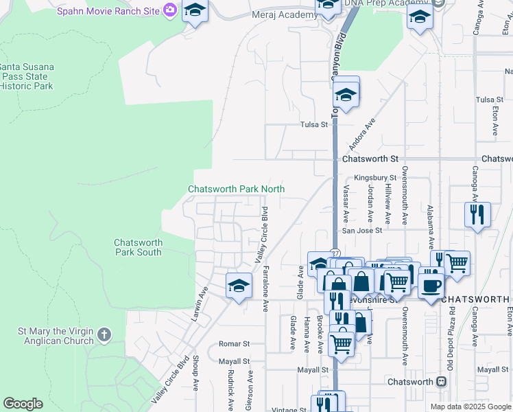 map of restaurants, bars, coffee shops, grocery stores, and more near 22212 Germain Street in Los Angeles