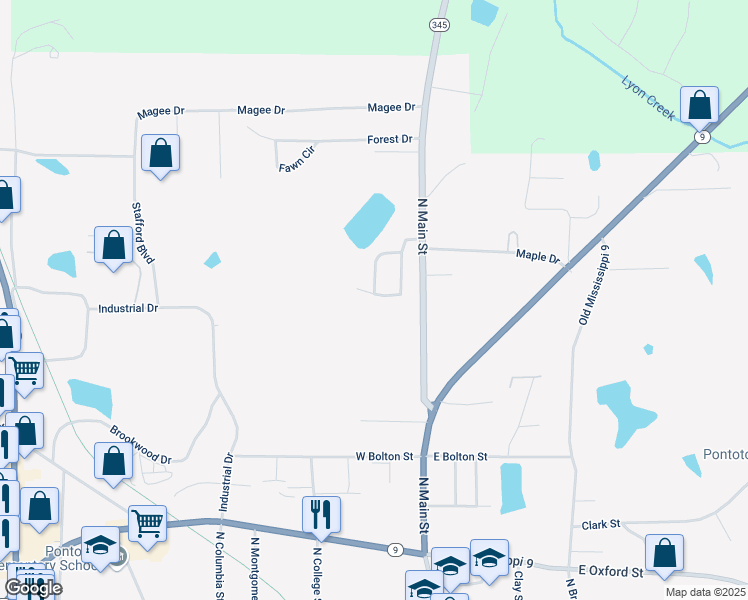 map of restaurants, bars, coffee shops, grocery stores, and more near 301 Windbrook Cove in Pontotoc