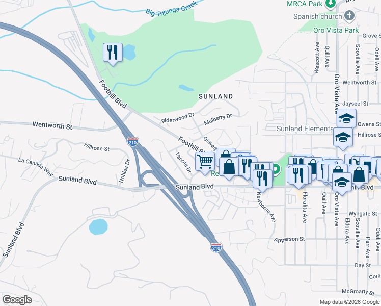map of restaurants, bars, coffee shops, grocery stores, and more near 10648 Franlie Drive in Los Angeles