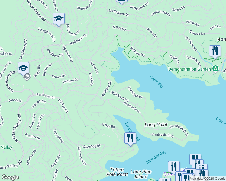 map of restaurants, bars, coffee shops, grocery stores, and more near 27601 High Knoll Road in Lake Arrowhead