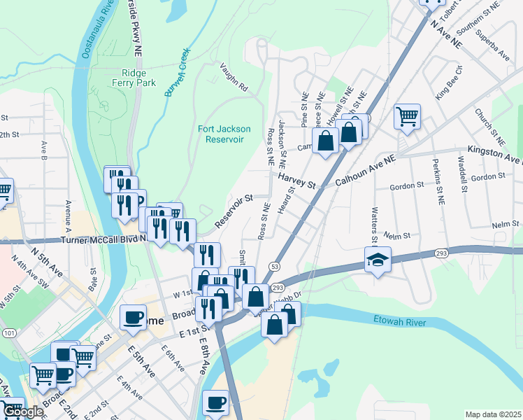 map of restaurants, bars, coffee shops, grocery stores, and more near 214 Smith Street Northeast in Rome