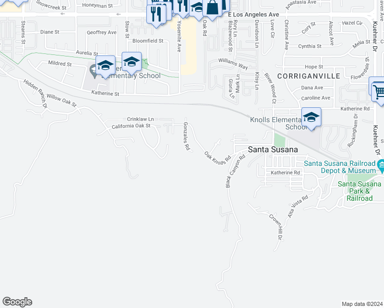 map of restaurants, bars, coffee shops, grocery stores, and more near 1259 Gonzales Road in Simi Valley
