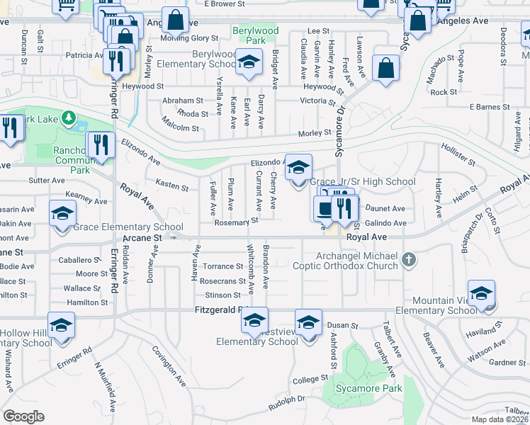 map of restaurants, bars, coffee shops, grocery stores, and more near 2358 Rosemary Street in Simi Valley