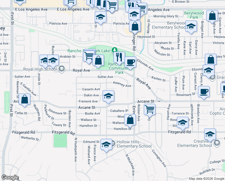 map of restaurants, bars, coffee shops, grocery stores, and more near 1717 Arcane Street in Simi Valley