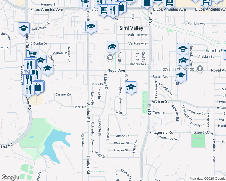map of restaurants, bars, coffee shops, grocery stores, and more near 1275 Balsamo Avenue in Simi Valley