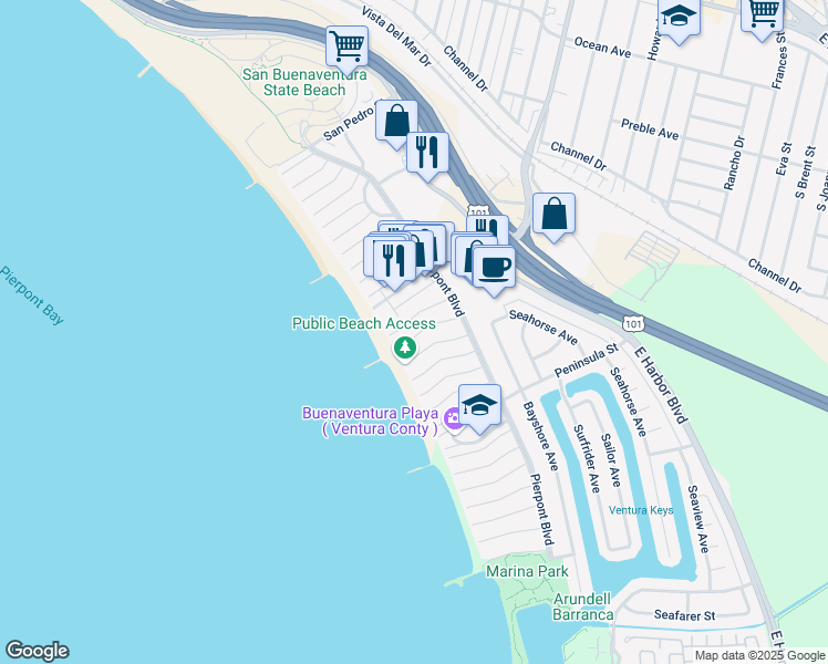 map of restaurants, bars, coffee shops, grocery stores, and more near 1173 Shelburn Lane in Ventura