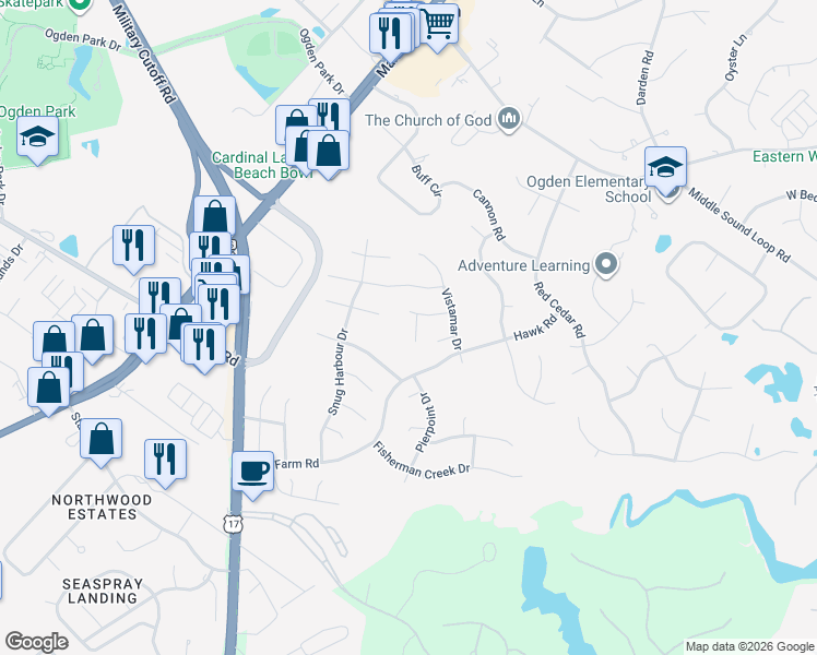 map of restaurants, bars, coffee shops, grocery stores, and more near 7201 Lounsberry Court in Wilmington