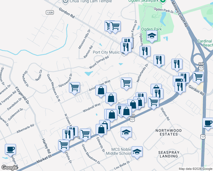 map of restaurants, bars, coffee shops, grocery stores, and more near 307 Old Dairy Road in Wilmington