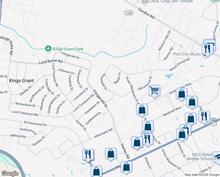 map of restaurants, bars, coffee shops, grocery stores, and more near 6309 Strawfield Drive in Wilmington