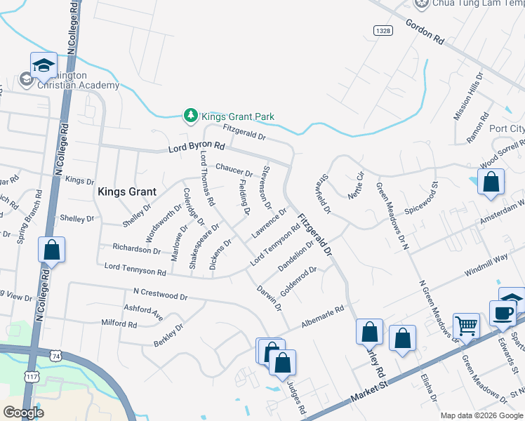 map of restaurants, bars, coffee shops, grocery stores, and more near 5313 Lawrence Drive in Wilmington