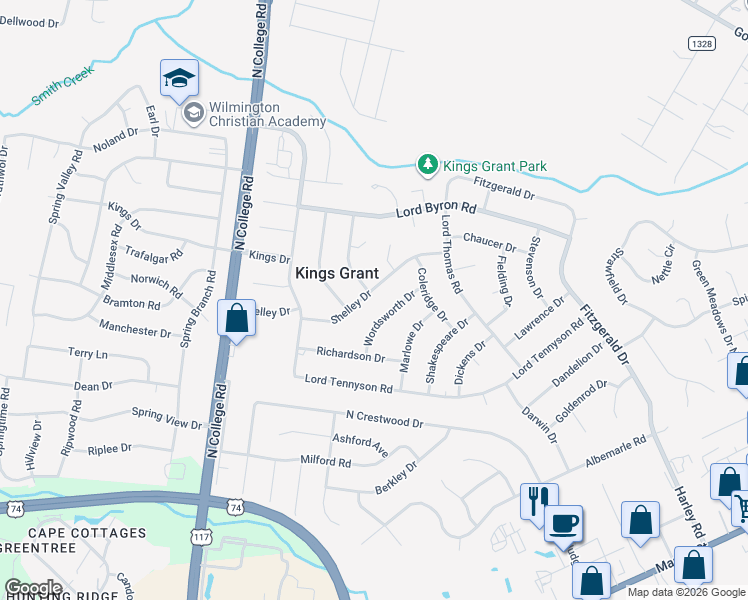map of restaurants, bars, coffee shops, grocery stores, and more near 921 Wordsworth Drive in Wilmington
