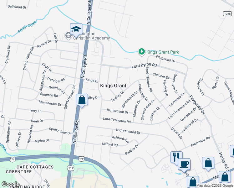 map of restaurants, bars, coffee shops, grocery stores, and more near Shelly Dr in Wilmington