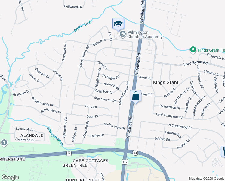 map of restaurants, bars, coffee shops, grocery stores, and more near 4634 Bramton Rd in Wilmington