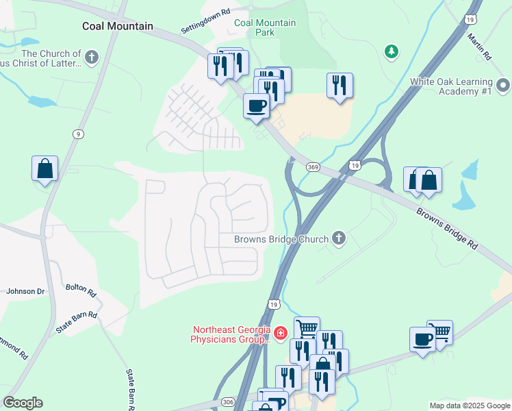 map of restaurants, bars, coffee shops, grocery stores, and more near 3660 New River Court in Cumming