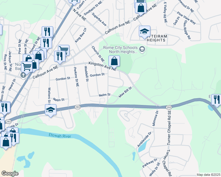map of restaurants, bars, coffee shops, grocery stores, and more near 206 Church Street Northeast in Rome