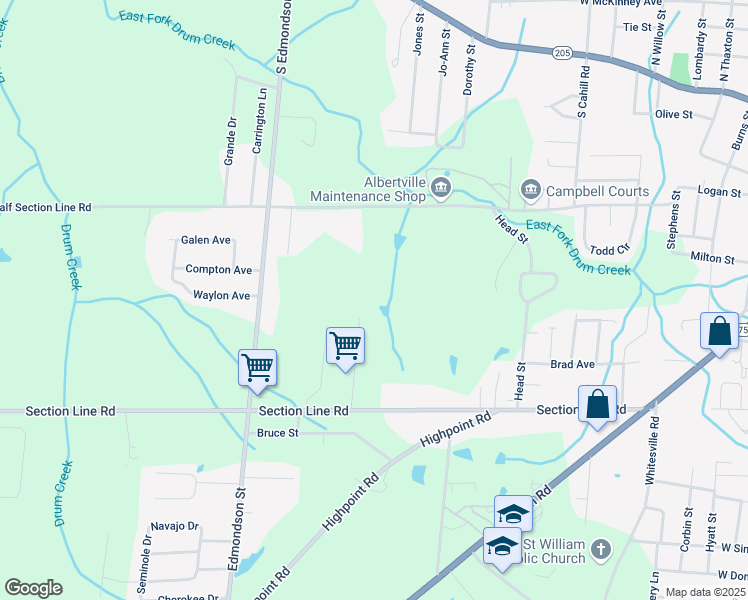 map of restaurants, bars, coffee shops, grocery stores, and more near 714 Travis Street in Albertville