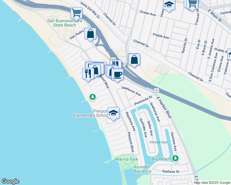 map of restaurants, bars, coffee shops, grocery stores, and more near 2431 Bayshore Avenue in Ventura