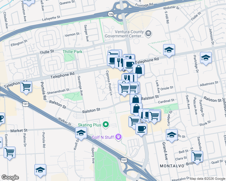 map of restaurants, bars, coffee shops, grocery stores, and more near 1321 San Simeon Court in Ventura
