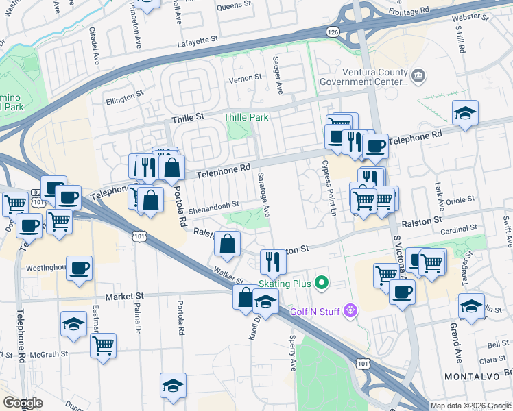 map of restaurants, bars, coffee shops, grocery stores, and more near 5252 Shenandoah Street in Ventura