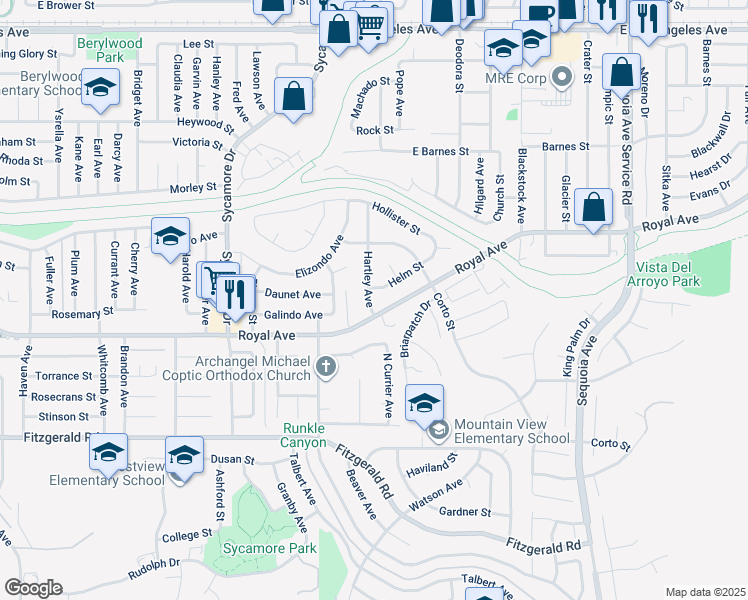 map of restaurants, bars, coffee shops, grocery stores, and more near 1290 Hartley Avenue in Simi Valley
