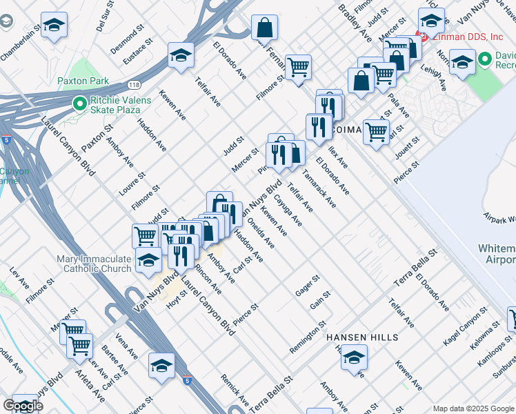 map of restaurants, bars, coffee shops, grocery stores, and more near 10541 Kewen Avenue in Los Angeles
