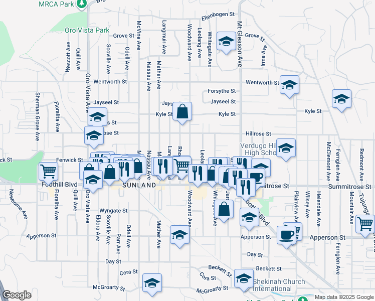 map of restaurants, bars, coffee shops, grocery stores, and more near 10623 Woodward Avenue in Los Angeles
