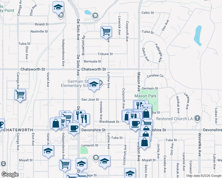 map of restaurants, bars, coffee shops, grocery stores, and more near 10538 Lurline Avenue in Los Angeles