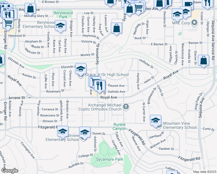 map of restaurants, bars, coffee shops, grocery stores, and more near 2606 Daunet Avenue in Simi Valley