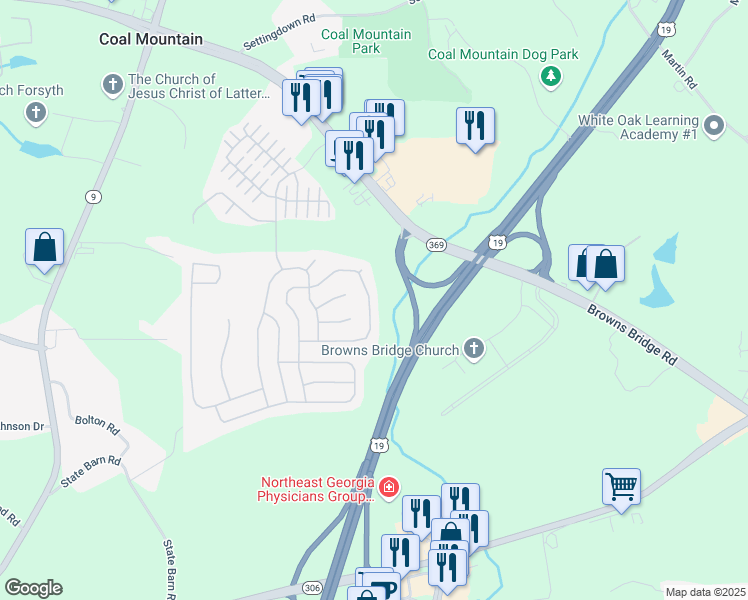 map of restaurants, bars, coffee shops, grocery stores, and more near 5755 Rialto Way in Cumming
