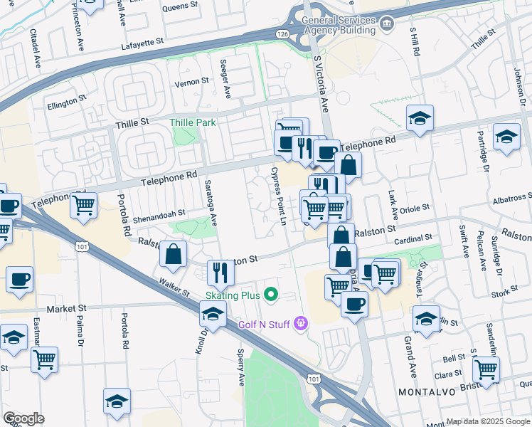 map of restaurants, bars, coffee shops, grocery stores, and more near 1375 Cypress Point Lane in Ventura