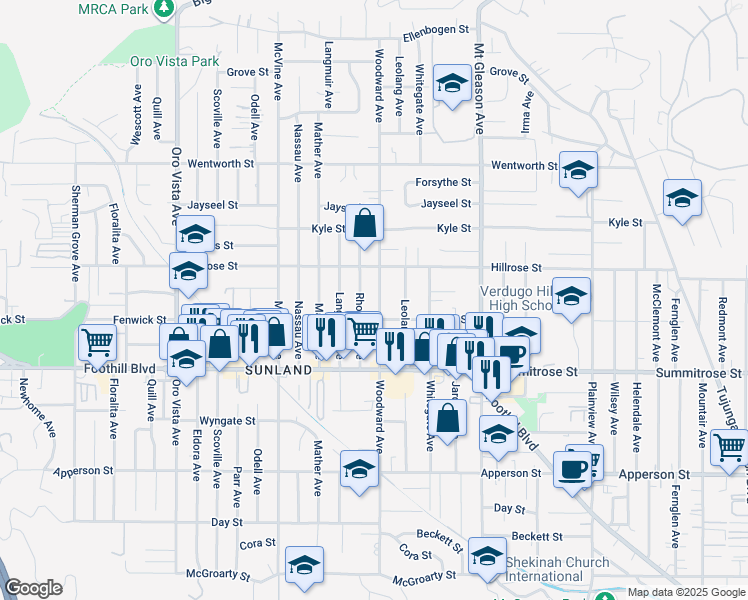 map of restaurants, bars, coffee shops, grocery stores, and more near 10623 Woodward Avenue in Los Angeles