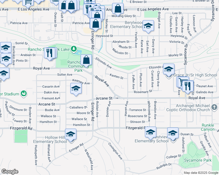 map of restaurants, bars, coffee shops, grocery stores, and more near 2025 Royal Avenue in Simi Valley