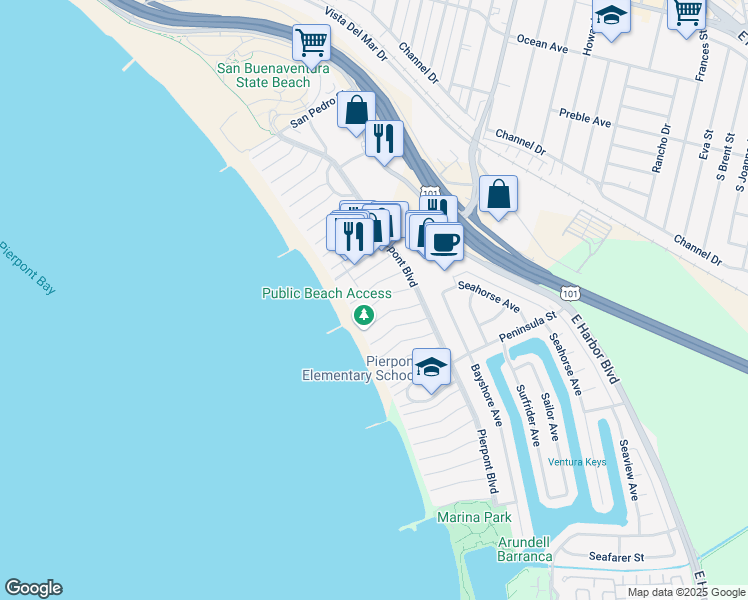 map of restaurants, bars, coffee shops, grocery stores, and more near 1157 Winthrop Lane in Ventura