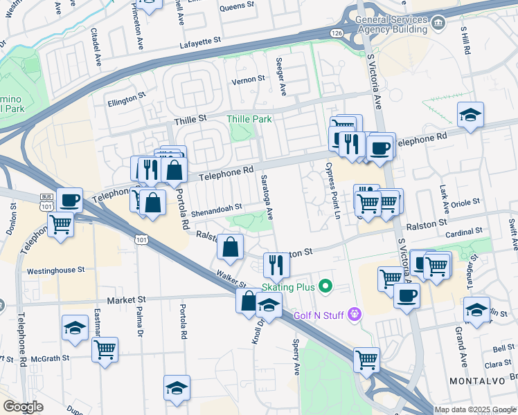 map of restaurants, bars, coffee shops, grocery stores, and more near 5254 Shenandoah Street in Ventura