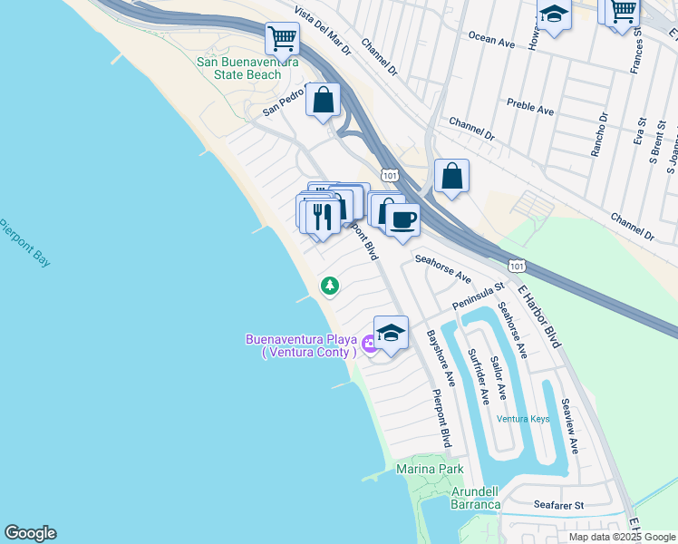 map of restaurants, bars, coffee shops, grocery stores, and more near 1157 Winthrop Lane in Ventura