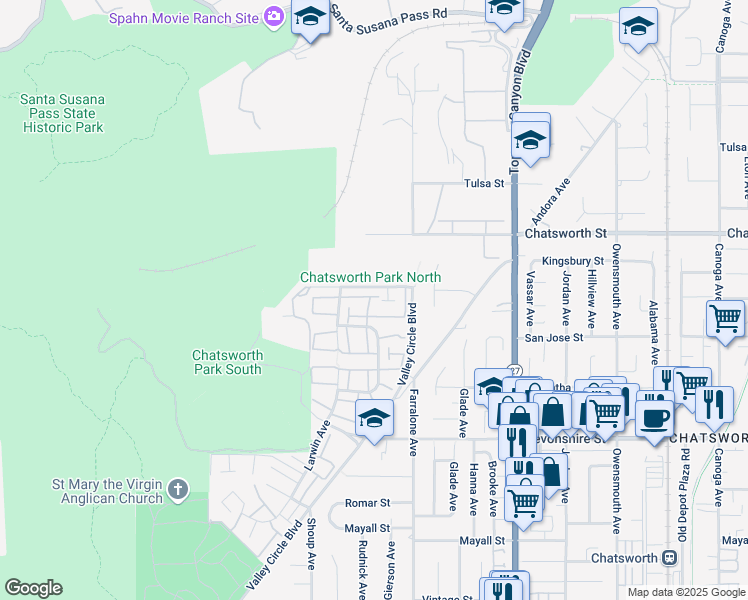 map of restaurants, bars, coffee shops, grocery stores, and more near 22216 James Alan Circle in Los Angeles