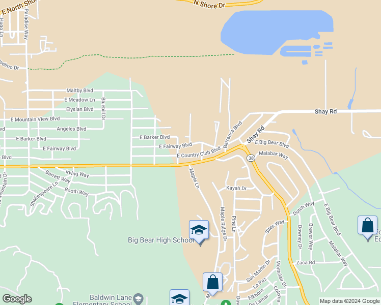 map of restaurants, bars, coffee shops, grocery stores, and more near 1037 California 38 in Big Bear