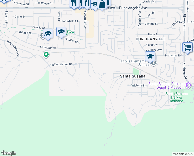 map of restaurants, bars, coffee shops, grocery stores, and more near 5888 Oak Knolls Road in Simi Valley